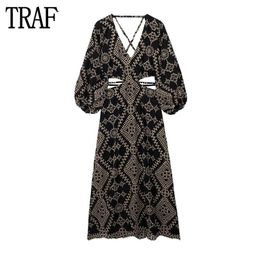 Pants Traf Embroidery Long Dress Women Black Cut Out Dress Woman Puff Sleeve Midi Dresses for Women Boho Backless Summer Dress Woman