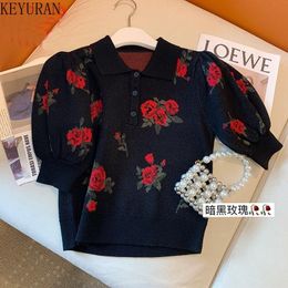 Dress Vintage Black Rose Jacquard Puff Short Sleeve Sweater Women Knitted Tshirt Summer 2023 New Polo Collar Knitwear Crop Tops Tees