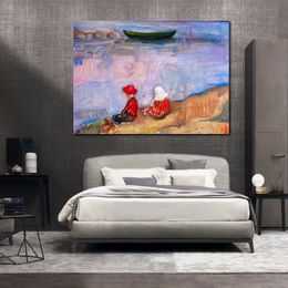 Abstract Figurative Canvas Art Two Children on The Beach 1904 Edvard Munch Painting Hand Painted Modern Wall Decor