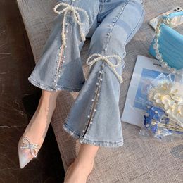 Men's Pants Spring Autumn Sweet High Waist Split Denim Women Elegant Chic Beading Bowknot Boot Cut Girls Vintage Fairy Jeans