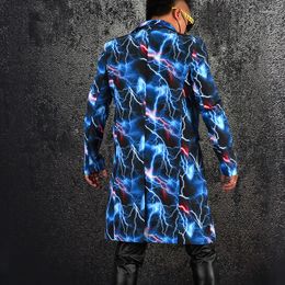 Men's Suits Personality Graffiti Printed Long Blazer Jacket Casual Coat Bar Male Singer Concert Stage Performance Nightclub Costume