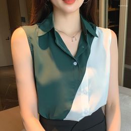 Women's Blouses Summer Women Hit Colour Patchwork Chiffon 2023 Vintage Elegant Sleeveless Office Work Casual Shirt Tops Female