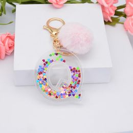 Keychains Women Letter Sequin Hollowed-Out English Alphabet Keyring Handbag Charms Crafts With Pink Pompom Ball Ornaments