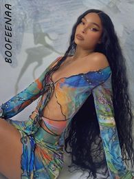 Urban Sexy Dresses BOOFEENAA Aesthetic Butterfly Tie Dye Printed Sheer Mesh Mini Dress Y2k Sexy Cut Out Long Sleeve Bodycon Dress Clubwear C85-BF12 230707