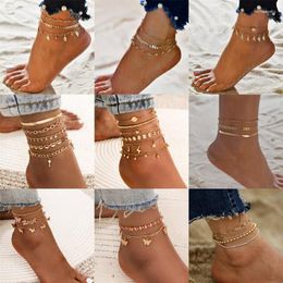 Anklets TOBILO Crystal Beads Chain Ankle Bracelet Summer Jewelry Boho Gold Color Leaves Key Butterfly Anklet Set For Women Accessories