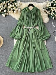 Casual Dresses Autumn Vintage Women Purple/Yellow/Green Chiffon Long Dress Elegant Stand Collar Puff Sleeve A-Line Vestidos With Beading