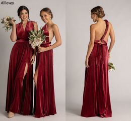 Chic Burgundy Velvet Infinity Convertible Bridesmaid Dresses Sexy Side Slit Long A Line Maid Of Honor Gowns Rustic Country Wedding Plus Size Guest Party Dress CL2556