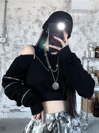 T-Shirt Deeptown Techwear Goth Cropped Hoodies Women Haruku Off Shoulder Oversize Sweatshirts Black Zip Up Top Hip Hop Streetwear Punk