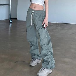 Women's Pants Women Cargo Oversized Chic Y2k Pocket Trendy Elastic Waist Design Loose Tie Trousers Straight Vintage