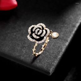 Wedding Rings High Quality Black Flower Oil Drip Camellia Open Ring For Women Fashion Jewelry LR060