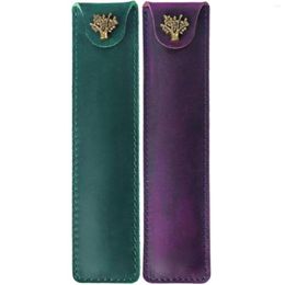 2x Genuine Leather Pen Pouch Holder Single Pencil Bag Case With Snap Button Green & Purple