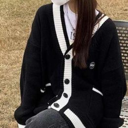 Cardigans Deeptown Korean Style Black Knitted Cardigan Sweater Women Oversize Fashion Single Breasted Knitwear Jackets Autumn Jumper Coat
