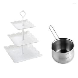 Plates 1Pcs Non-Stick Pan Milk Pot Heating With Pour Spouts & 3 Tier Cupcake Display Stand Dessert Tower Fruit Tray