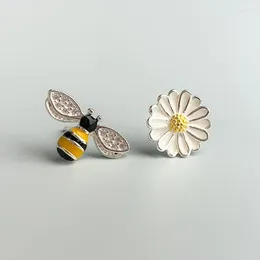 Stud Earrings ASYMMETRICAL BEE AND FLOWER Stainless Steel & Tiny Everyday Jewellery Mismatched Ear Accessories