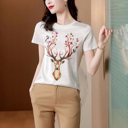 Women's T Shirts Satin Graphic Tee Short-sleeved T-shirt Women 2023 Summer Korean Fashion Loose Silk Ladies Tops Casual