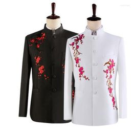Men's Suits Plum Blossom Embroidery Blazer Men Chinese Tunic Suit Set Pants White Stand Collar Choir Stage Host Costume Black