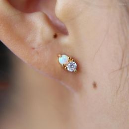 Stud Earrings Top Quality Simple Delicate Design Two Stone Fire Sparking Opal Cz PRONG Setting 925 Sterling Silver Women Girl Earring