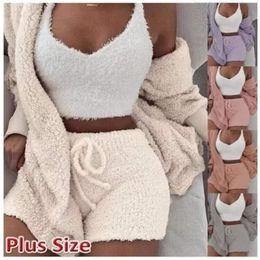 Dress Autumn Winter 3 Piece Fluffy Outfits Plush Sexy Backless Fleece Pyjamas Women Casual Sports Sweatshirt Home Wear Sets Tracksuit