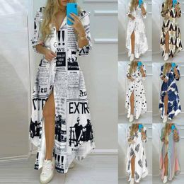 Pants Women Boho Long Shirt Dress Summer Letter Print Single Breasted Turndown Collar Dresses Female Long Sleeve Sexy Maxi Dresses