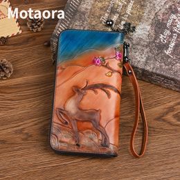 MOTAORA 2023 New Women Long Wallets Vintage Woman Wallet Genuine Leather Deer Embossed Phone Bag Lady Hand-painted Leather Purse