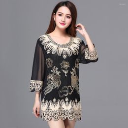 Women's Blouses Large Size Luxury Women Dinner Party Blouse Top Loose O-Neck 3/4 Sleeve Floral Embroidered Applique Sequin Long Tunic