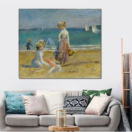 Handmade Pierre Auguste Renoir Oil Painting Figures on The Beach 1890 Modern Canvas Art Modern Landscape Living Room Decor