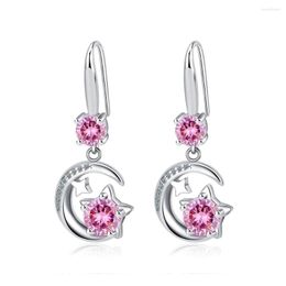 Dangle Earrings 925 Sterling Silver Cute Star Moon Sweet Pink Zircon For Women Wedding Jewellery Gift Party