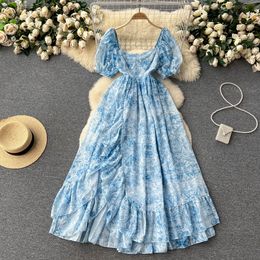 Basic Casual Dresses A LineCourt High Waisted Slim New Summer Printed Wooden Ear A-line Dress Women Square Neck Short Sleeve Party Clothes Vestidos 2023