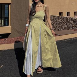 Casual Dresses SuperAen Korean V-neck Panels Contrast Pleated Design High Waist Long Slip Dress Women