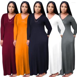 Casual Dresses Autumn Dress Large Size Women's V-Neck Low-Cut Long Urban Loose Comfortable Pure Colour With Pockets