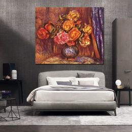 Beautiful Canvas Art Roses Before Blue Curtain Pierre Auguste Renoir Painting Handmade Impressionist Artwork Living Room Decor