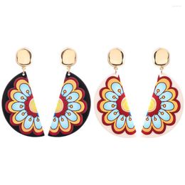 Dangle Earrings Colorful Flower Print Acrylic Pendant For Women Geometric Big Half Round Drop Earring Fashion Jewelry Gifts