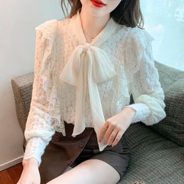 Women's Blouses 2023 Spring White Chiffon For Women Scarf Collar Puff Sleeve Tops Female's Elegant Lace Clothing Korean Style Shirts
