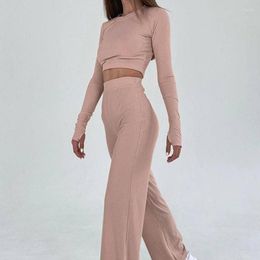 Women's Two Piece Pants 2023 Textured Matching Sets Full Sleeve Crop Top With Long Set Thumb Holes Knitted Pullover Casual Slim Streetwear