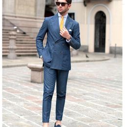 Men's Suits Suit 2 Piece Blue Slim Fit Double Breasted Male BlazerBusiness Style Costume Groomsmen Wedding Dresses ( Jacket Pants Tie)