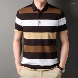 Men's Polos Summer Polo Shirt Fashion Striped Smart Casual Short Sleeve Tops Slim Turn Down Collar Cotton Breathable Men