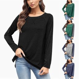 Women's Blouses Autumn And Winter Round Neck Contrast Loose Long Sleeve T-Shirt Split Top For Women Oversize Baggy Breathable Clothing Tops