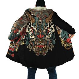 Jeans Drop Shipping Winter Mens Cloak Samurai Oni Mask Tattoo 3d Printing Fleece Hooded Cloak Unisex Casual Thick Warm Cape Coat Pf31