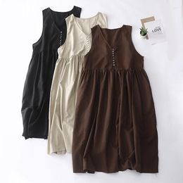 Casual Dresses V-neck Sleeveless Cotton Linen Dress Summer Sweet Pleated Loose Long Tank Top Sundress