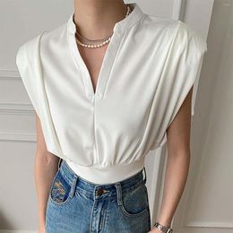 Women's Blouses Women Shoulder Pads Design Small V Neck T Shirt 3xl Plus-size Shirts 2023 Summer Top Solid Colour Sleeveless Luxury Tops