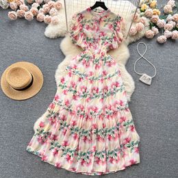 Basic Casual Dresses Sweet Stand Collar Floral Print A-line Maxi Dress Women Summer Short Fly Sleeve Slim Beach Holiday Party Clothes Vestidos 2023