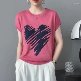 T-shirt da donna Camicia a maniche corte stile coreano Donna Top lavorato a maglia rosa Magliette casual femminili 2023 Abiti estivi Stampa T-shirt allentata Femme