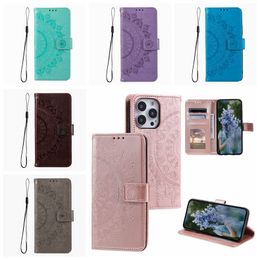 Embossed Datura Flower Leather Wallet Cases For Iphone 15 Plus 14 Pro Max 13 12 11 XR XS MAX X 8 7 6 Phone15 Imprint Totem Lace Card Slot Mandala Flip Cover Book Pouch Strap