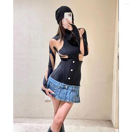 Women's T Shirts 23 Summer Europe And The United States Fashion Street Slim Fit Black Long-sleeved T-shirt Spicy Girl Mesh Stitching