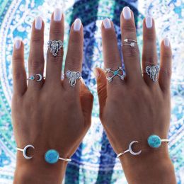 Cluster Rings Bohemian Elephants Ring Retro Moon Arrow Blue Stone Lucky Stackable Midi Set For Women Party Gifts 6pcs/set