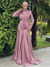 Ethnic Clothing Muslim Fashion Hijab Satin Dress Abaya Dubai Turkey High Neck Elastic Pleat Islamic African Long Dresses For Women 2023