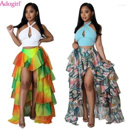 Adogirl Women Skirts Printed Mesh Cake Skirt Changing Colour Cascading Ruffles High Split Long Petticoat 2023 Summer Beach Outfits