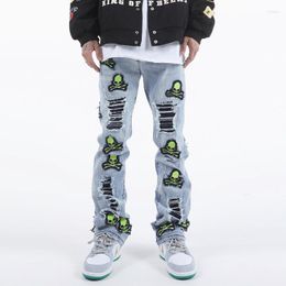 Men's Jeans Hiphop High Street Ripped Fashion Ins Skull Embroidered Denim Pants Trends Vintage Straight Y2k Slim