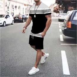 Men's Tracksuits Striped 3D Print T-Shirts Shorts Sets Sports Casual Fashion Streetwear Oversized Short Sleeve T Shirt Pants Set Man Suits