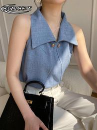 Pants Top with Open Shoulders Temperament Lapel Camisole Elegant Fashion Summer Tops 2023 Women Office Lady Sexy Sleeveless Shirt